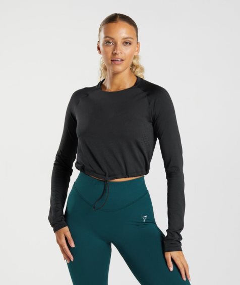 Women's Gymshark Sweat Seamless Long Sleeve Cropped Tops Black | NZ 1HTQLS